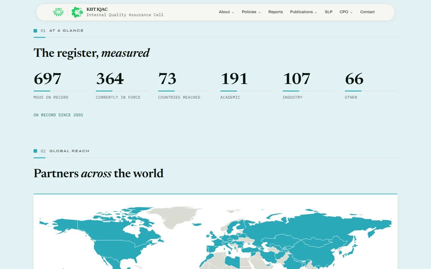 Collaborations page: the MoU register at a glance, with 697 MoUs on record, 364 in force and 73 countries reached, above a world map of partner countries