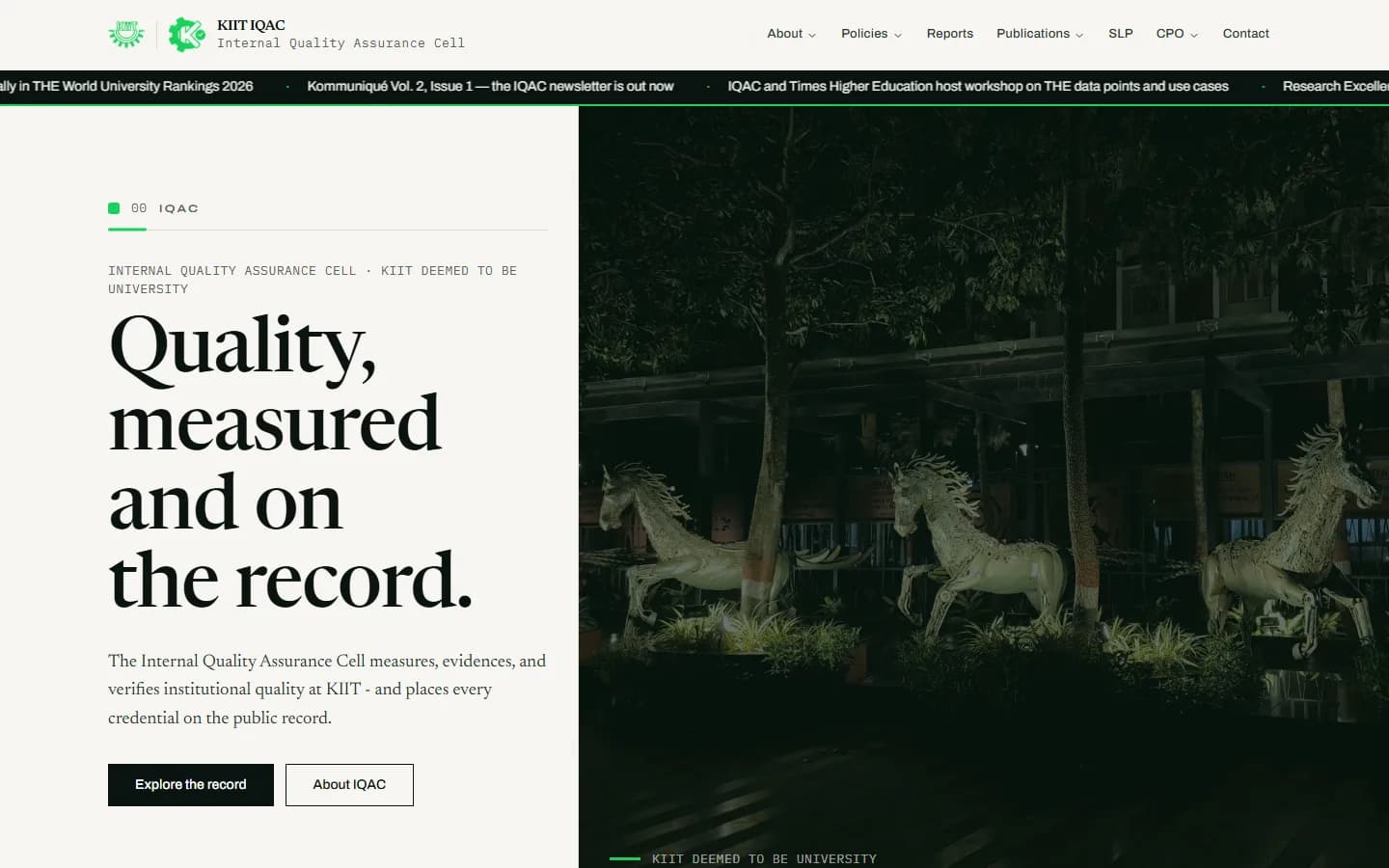 KIIT IQAC website home page: the headline “Quality, measured and on the record.” beside a night photograph of horse sculptures on the KIIT campus, below a scrolling news ticker