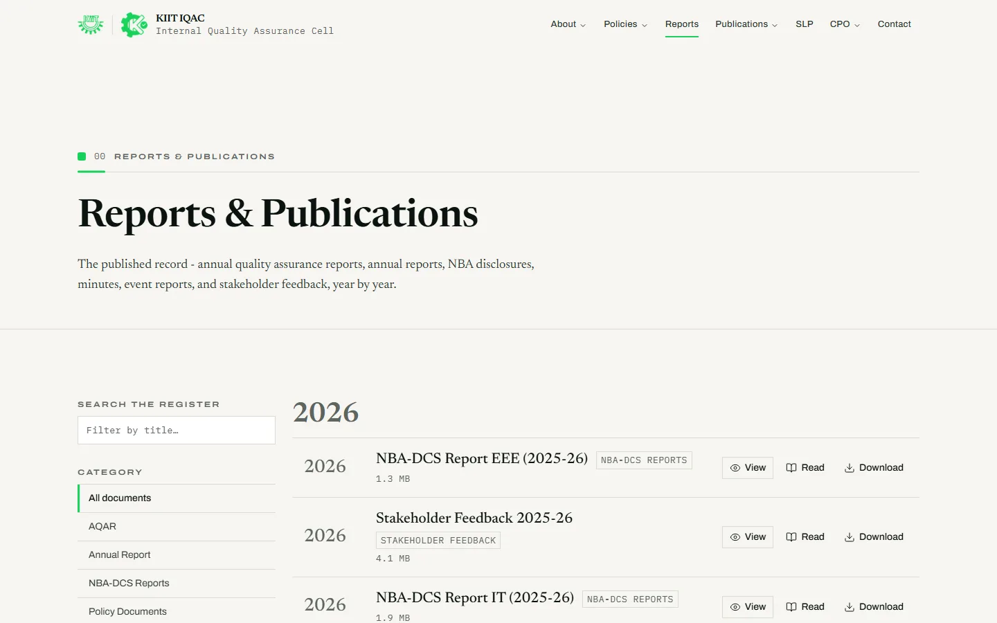 Reports & Publications page: a category filter on the left and a 2026 list of NBA-DCS reports and stakeholder feedback, each with View, Read and Download actions
